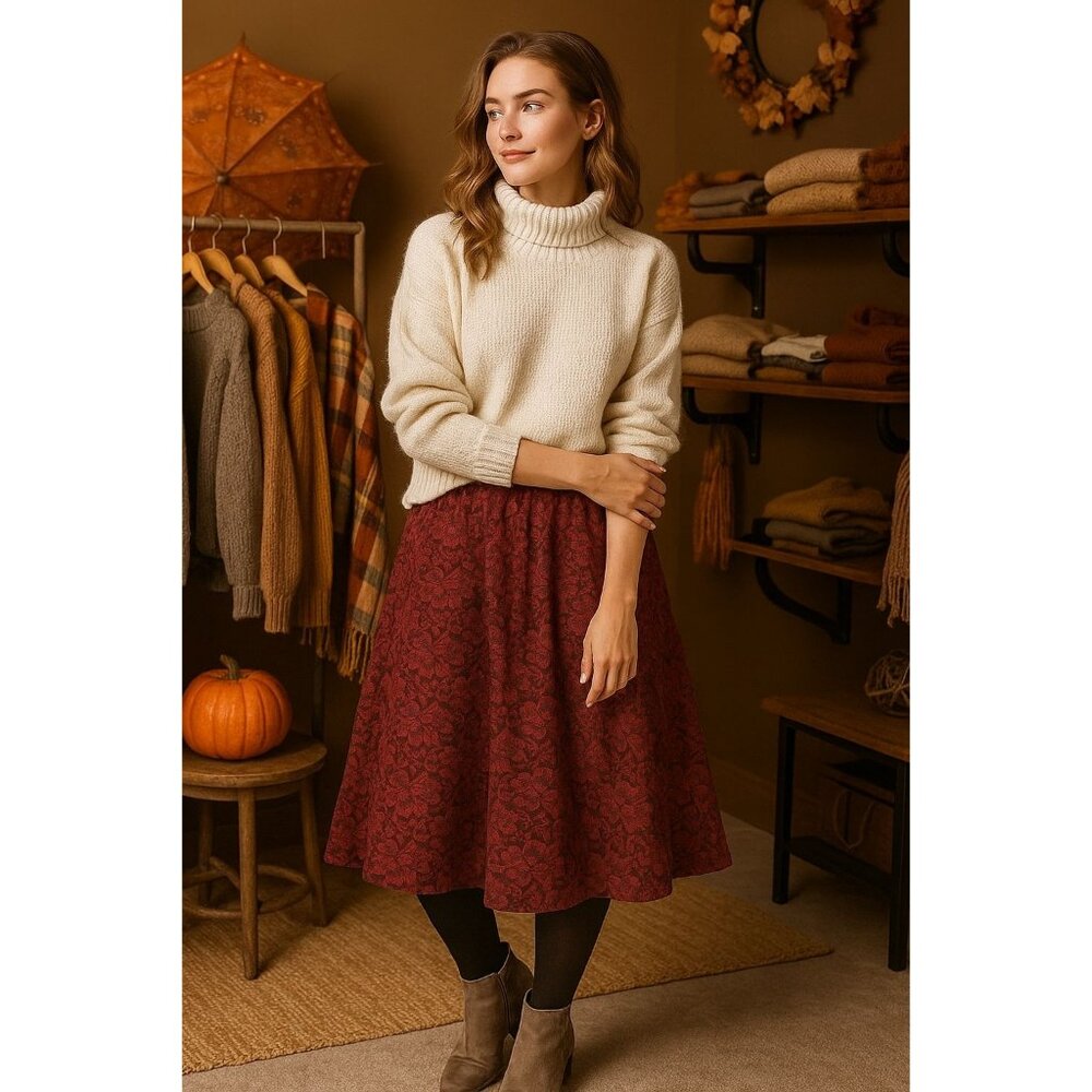 Meadow Rue Floral A-Line Midi Skirt XS Red Boho Textured Knit Cottagecore
